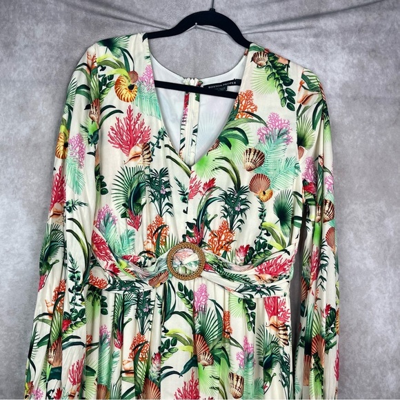 Boston Proper Sea Life Tropical V-Neck Empire Waist Long Sleeve Maxi Dress Sz 14 - Picture 3 of 11